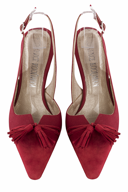 Cardinal red women's open back shoes, with a knot. Tapered toe. High slim heel. Top view - Florence KOOIJMAN
